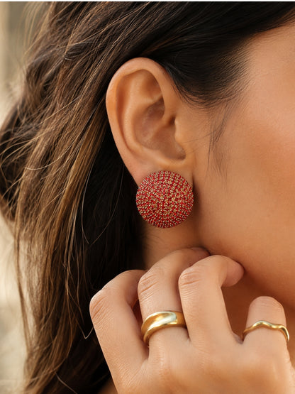 Red CZ Dome Stud Earrings – Gold Plated Statement Party Wear