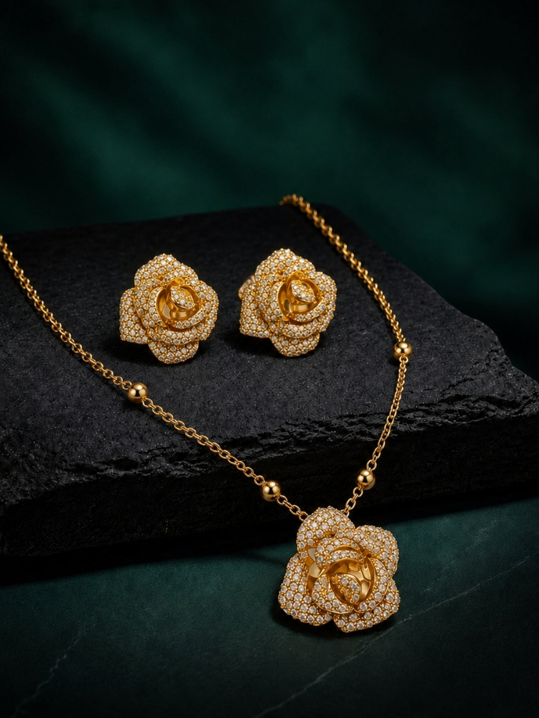 Rosa Pavé Flower Necklace & Earring Set, 18K Gold-Plated