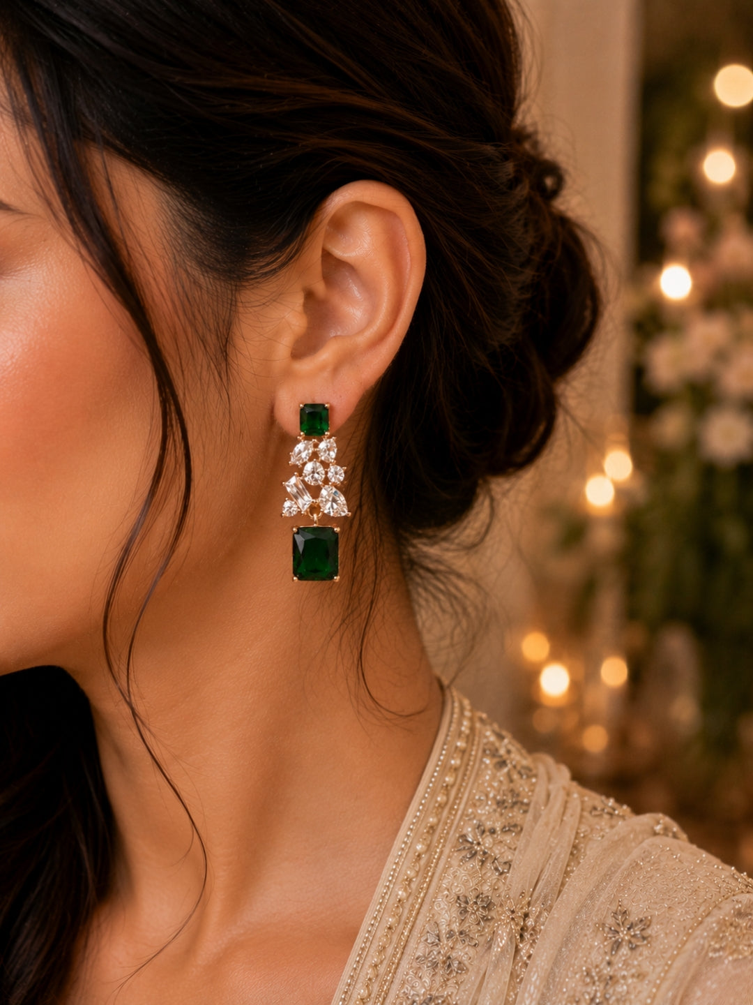 Emerald CZ Drop Earrings in 18K Rose Gold | Anti Tarnish Jewelry