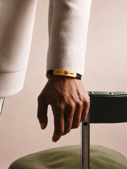 Om Engraved Men's Bracelet – Thick 18K Gold Plated Stainless Steel with Black Silicone