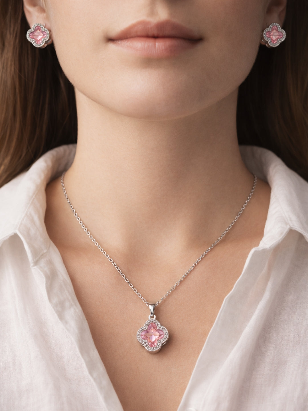 CL Pink Clover CZ Necklace & Earrings Set – Rhodium Plated Steel