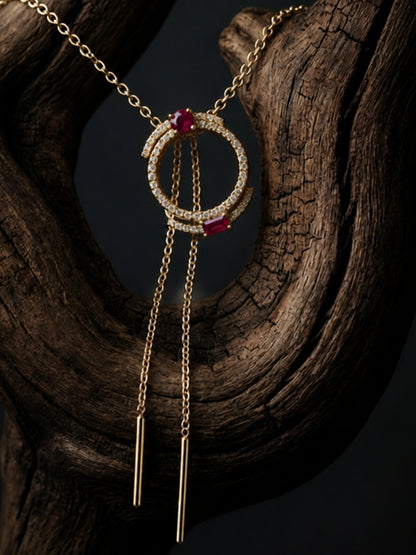 "Aurélie" Double Halo Necklace & Earring Set — 18K Gold Plated with Ruby Baguette Accents