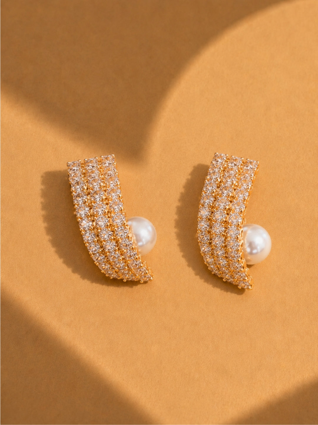 Sculpted Pavé Curve Pearl Stud Earrings, 18K Gold-Plated
