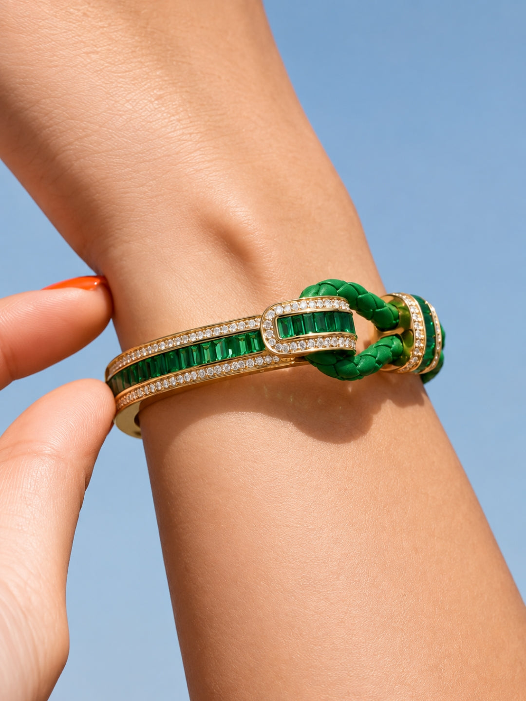Emerald Studded Leather Band Cuff - 18KT Gold Plated