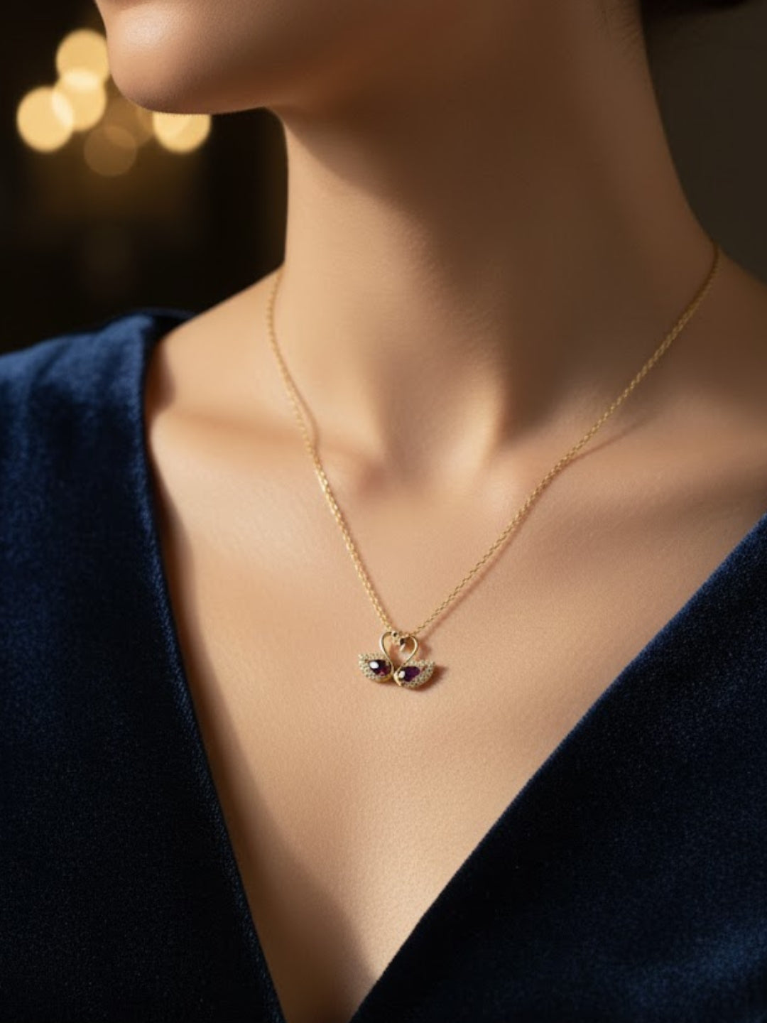 Twin Swan Pendant Necklace in 18K Gold | CZ Love Neckpiece