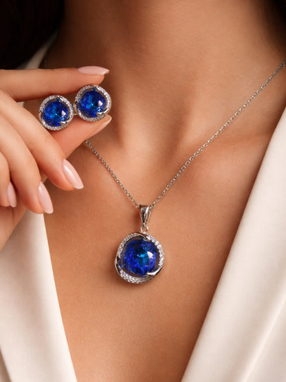 CL Blue CZ Pendant Necklace & Stud Earrings Set | Anti-Tarnish Jewelry