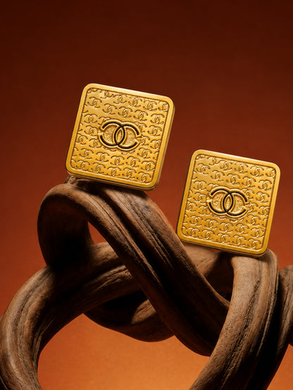 Golden Monogram Rectangle Statement Stud Earrings
