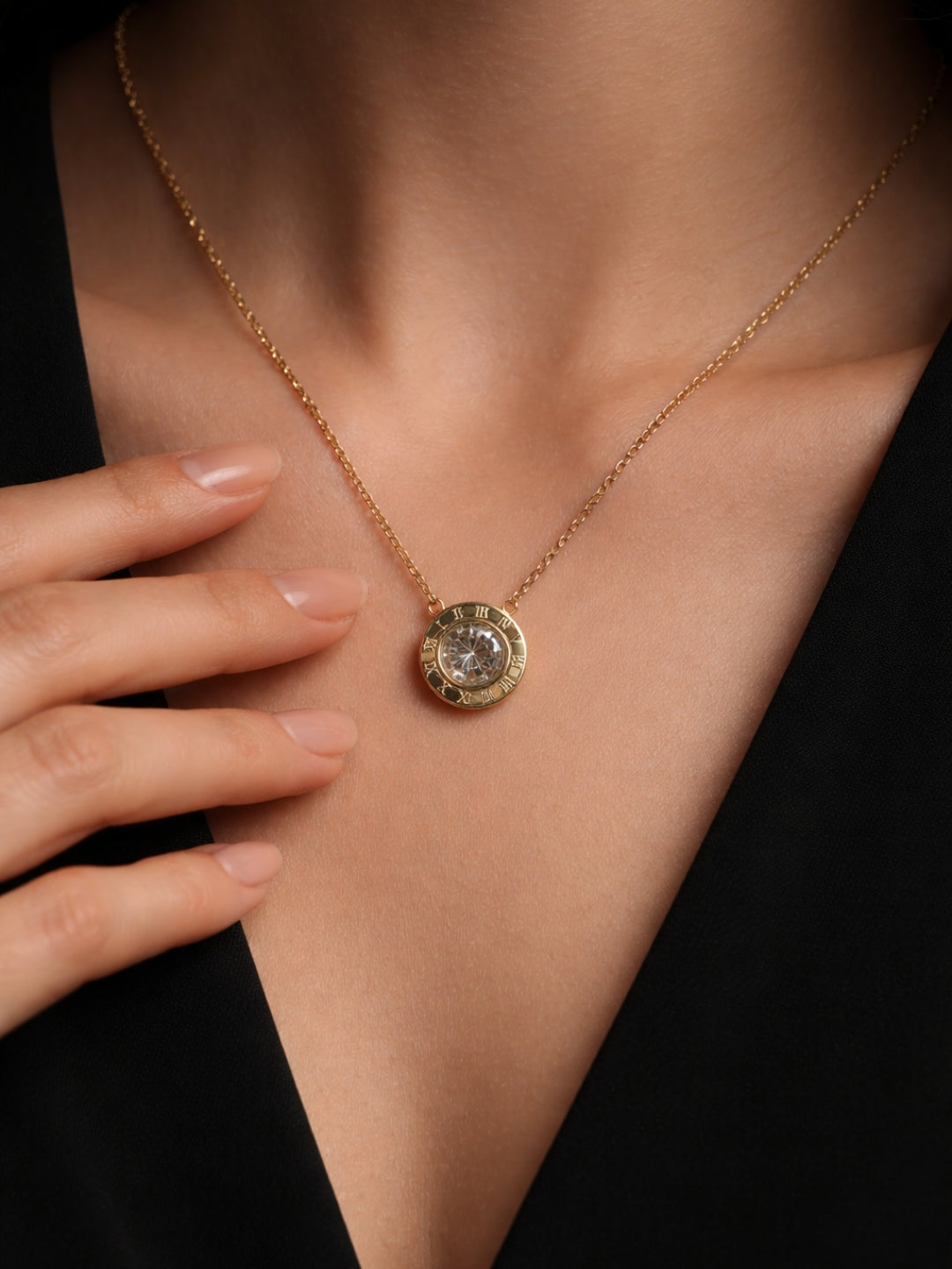 Roman Studded Gold Chain Necklace | 18K Gold Plated AD Pendant