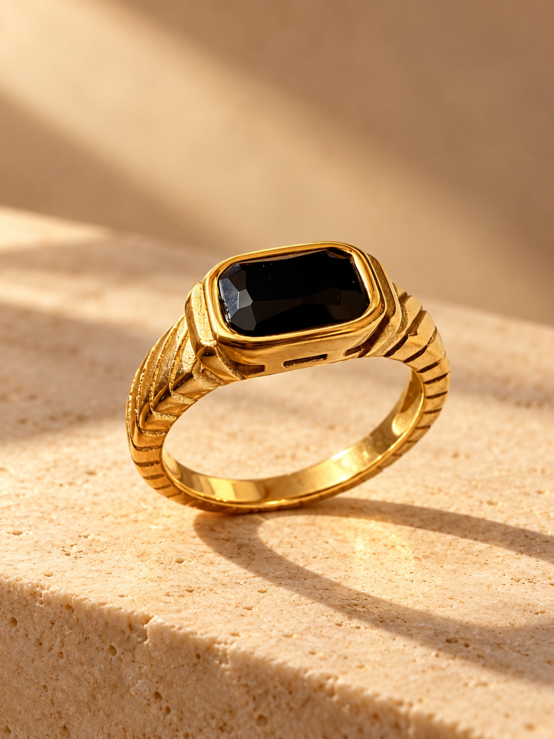 18K Gold Plated Black Onyx Signet Ring | Anti Tarnish Stainless Steel