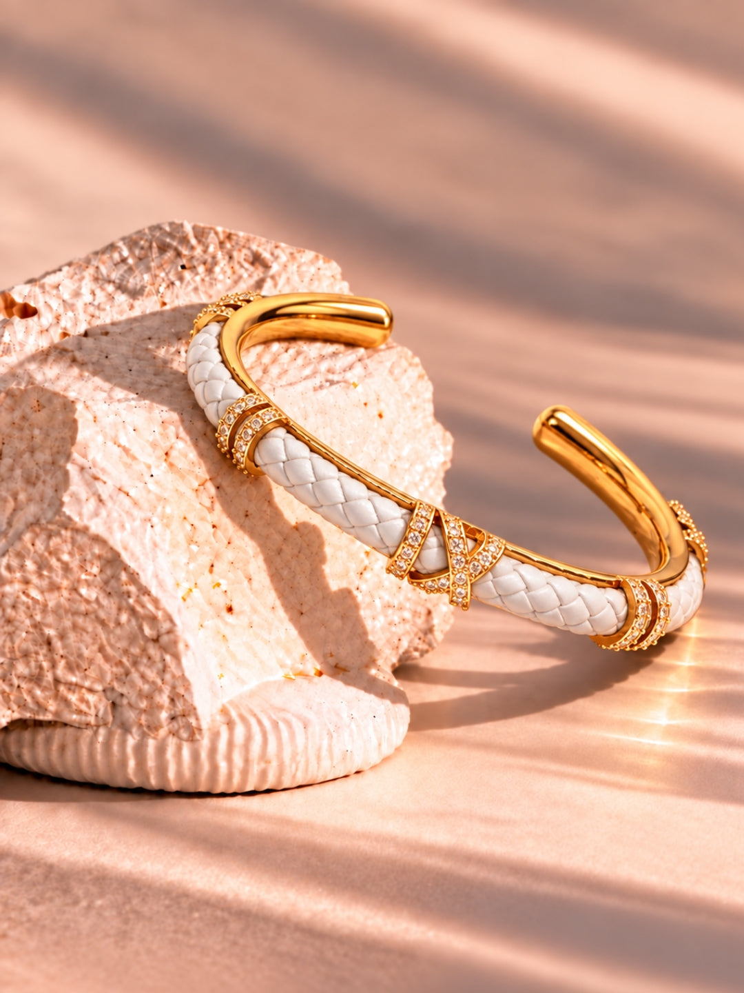 White Braided Roman Numeral Studded Bangle -18KT Gold Plated