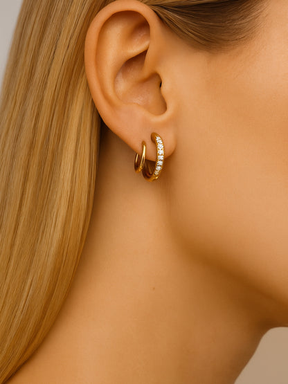 18K Gold Twist CZ Hoop Earrings | Double Piercing Look in One