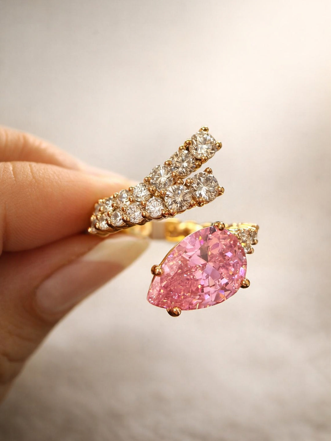 Pink Moissanite & AD Rose Gold Designer Ring | Adjustable