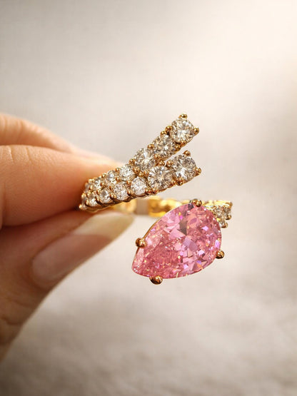 Pink Moissanite & AD Rose Gold Designer Ring | Adjustable