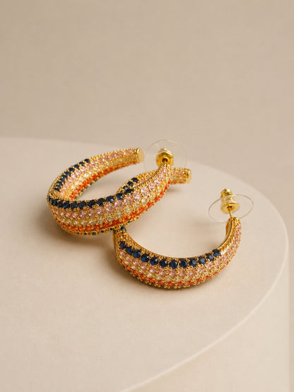 Navratna-Inspired Pavé Open Hoop Earrings, 18K Gold-Plated