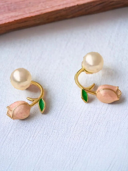 Pink Tulip Pearl Stud Earrings | Gold Plated Floral Pearl Earrings