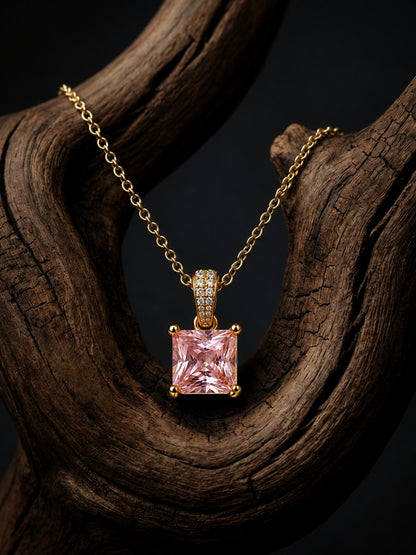 Pink Square-Cut Pendant Necklace & Huggie Earring Set, 18K Gold-Plated