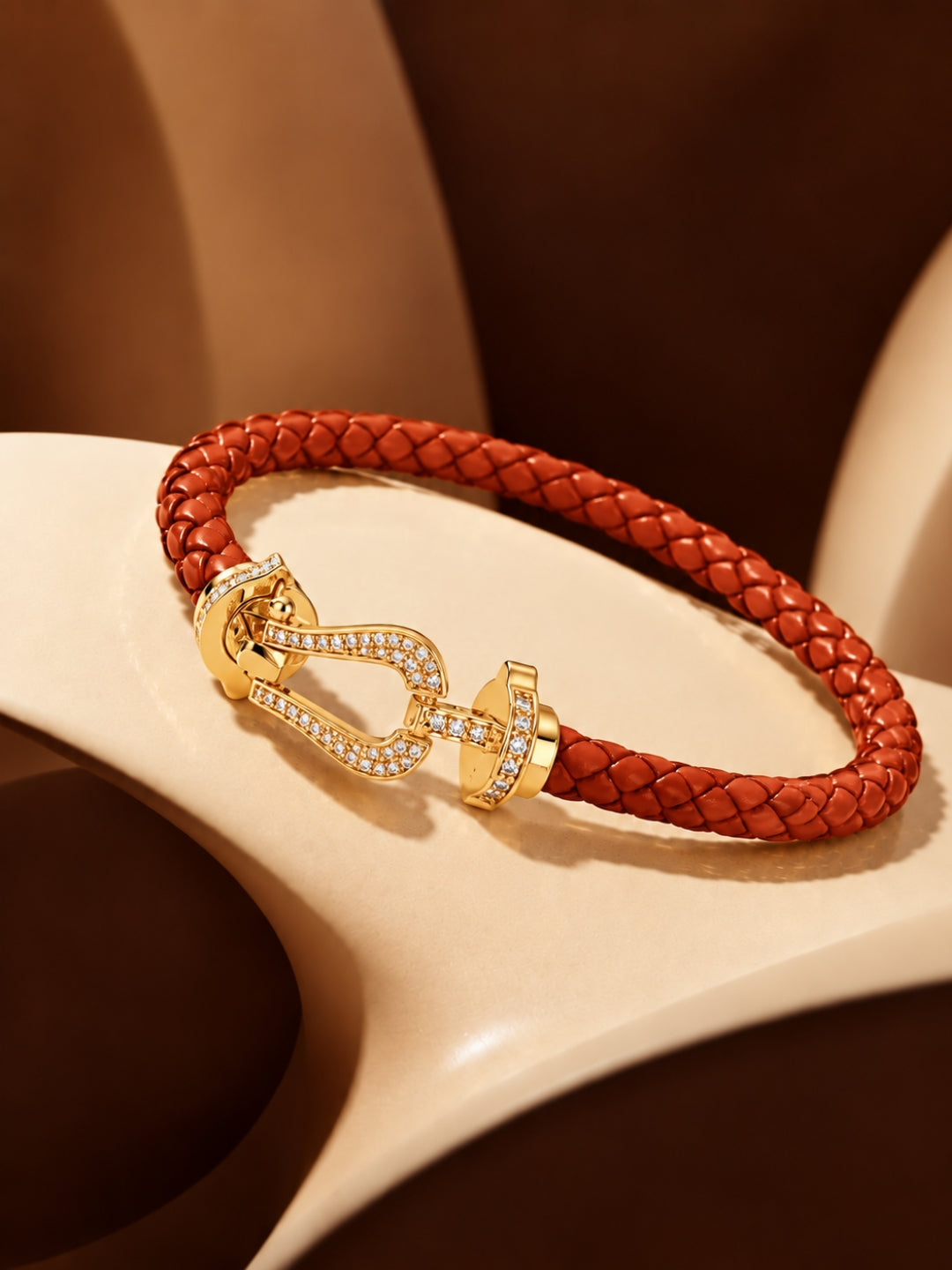 Rust Studded Braided Leather Gold Magnetic Bracelet -18KT Gold Plated