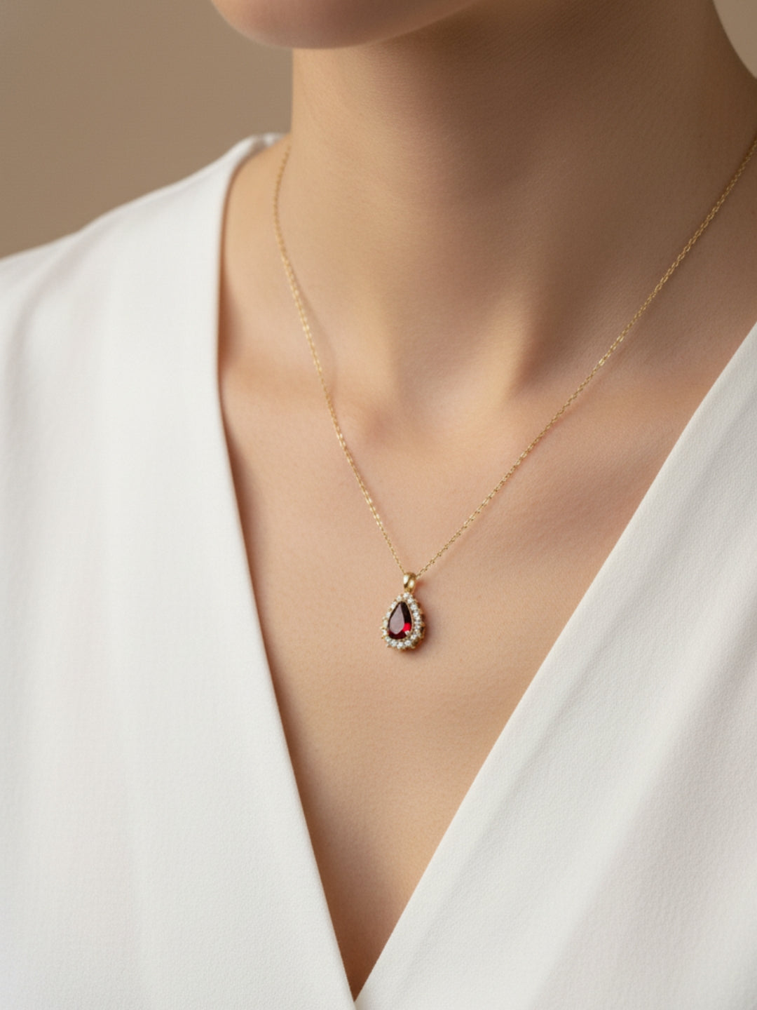 Anti-Tarnish Maroon Moissanite Pendant Necklace | 18K Gold CZ Chain
