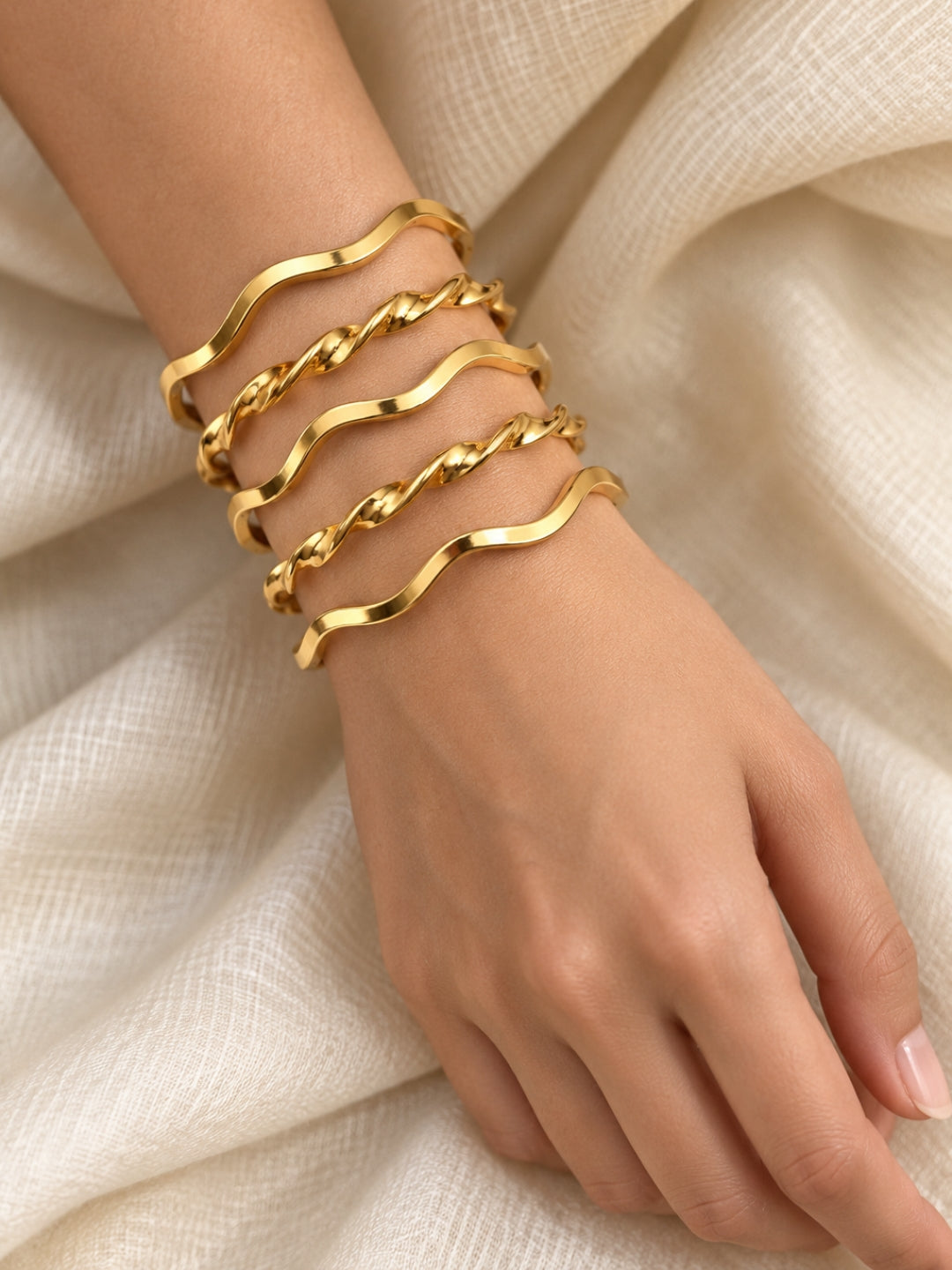 18K Gold Plated Wavy & Twisted Stackable Bangles for Women