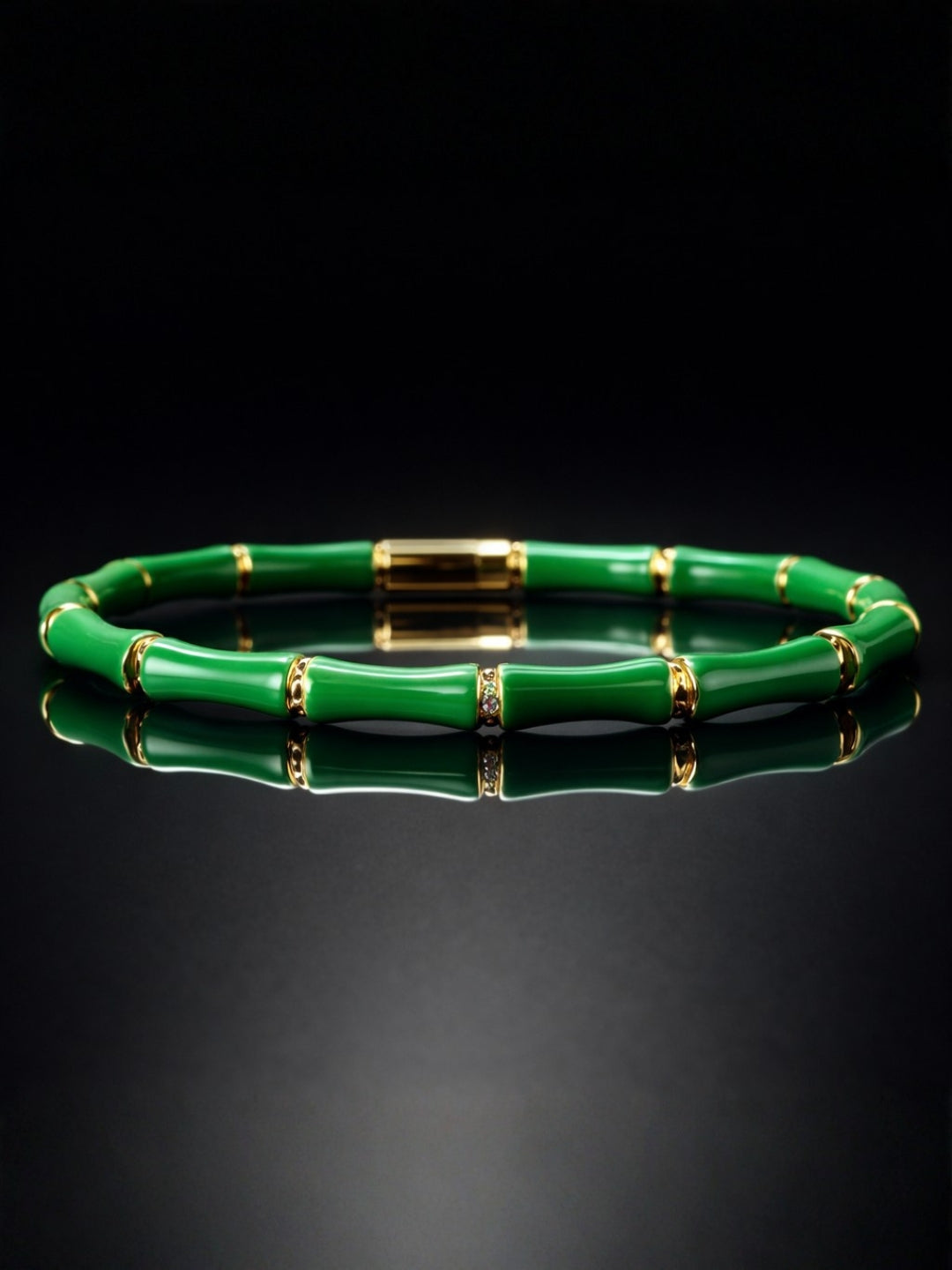 Green Bamboo Enamel Gold Plated Cuff Bracelet for Women