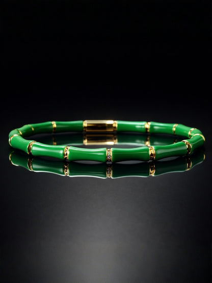 Green Bamboo Enamel Gold Plated Cuff Bracelet for Women