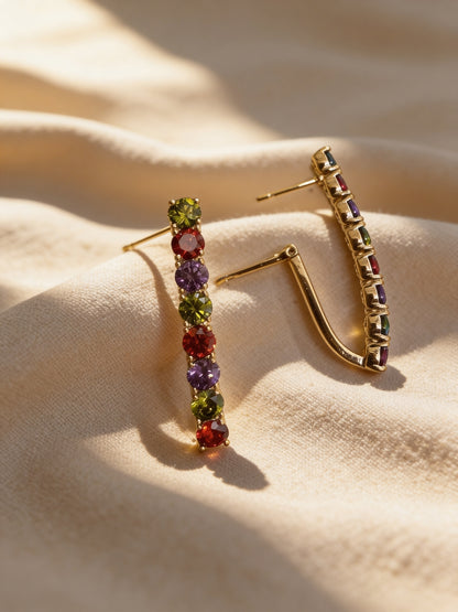 18K Rose Gold Multicolor CZ Long Hoop Earrings