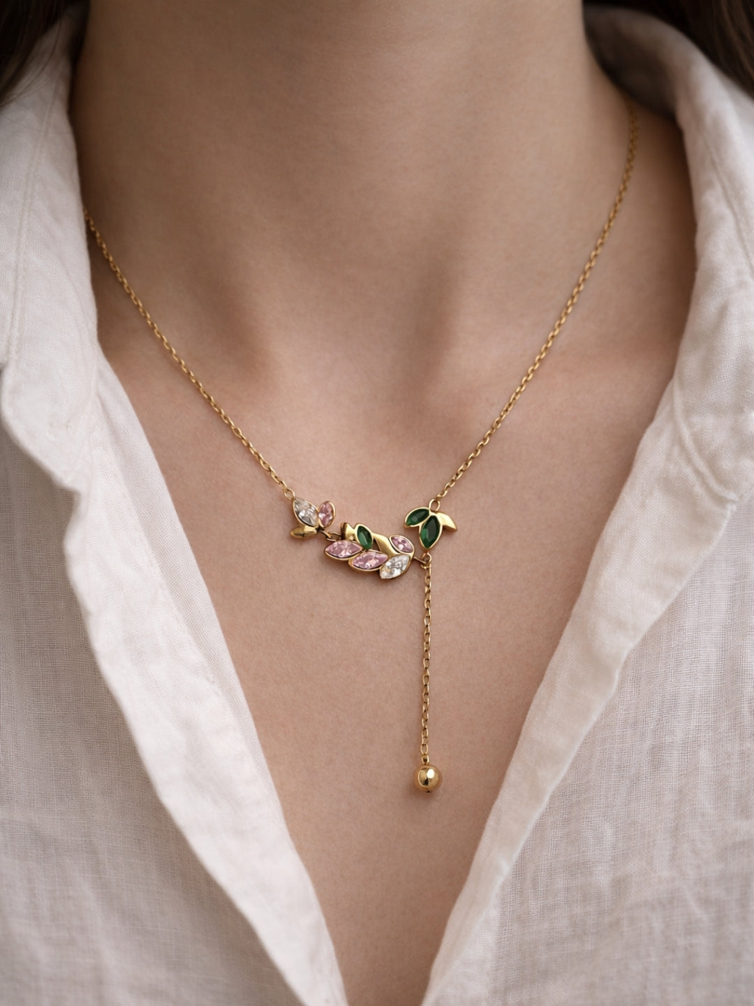 Leaf Multicolor CZ Drop Neckpiece in 18K Gold Plating
