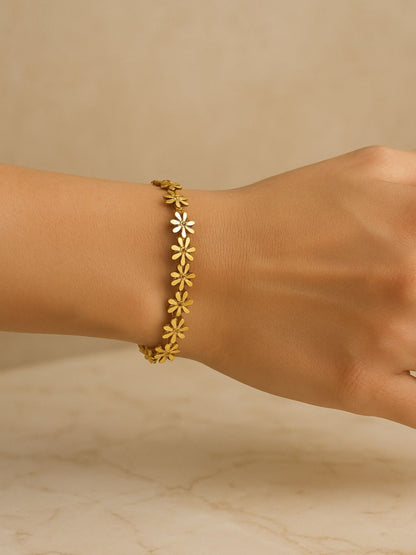 Gold Floral Studded Bangle Bracelet for Women – 316L Stainless Steel with Cubic Zirconia Stones | Ethnic Press-Lock Kada for Daily & Festive Wear