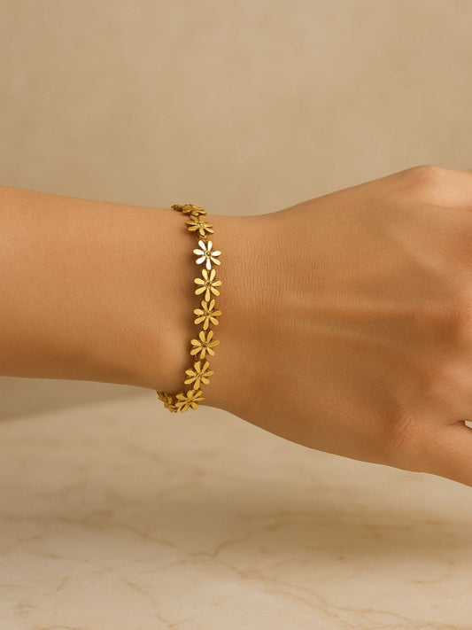 Gold Floral Studded Bangle Bracelet for Women – 316L Stainless Steel with Cubic Zirconia Stones | Ethnic Press-Lock Kada for Daily & Festive Wear
