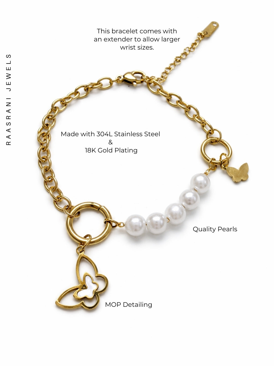 Butterfly Pearl Charm Bracelet – 18K Gold Plated Stainless Steel