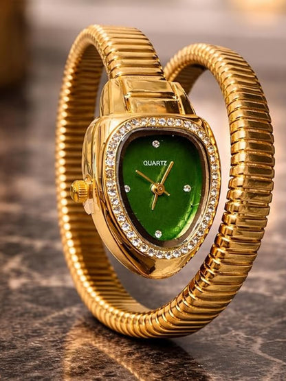 Emerald Dial Spiral Serpenti Gold Watch-Style Bracelet with CZ Stones