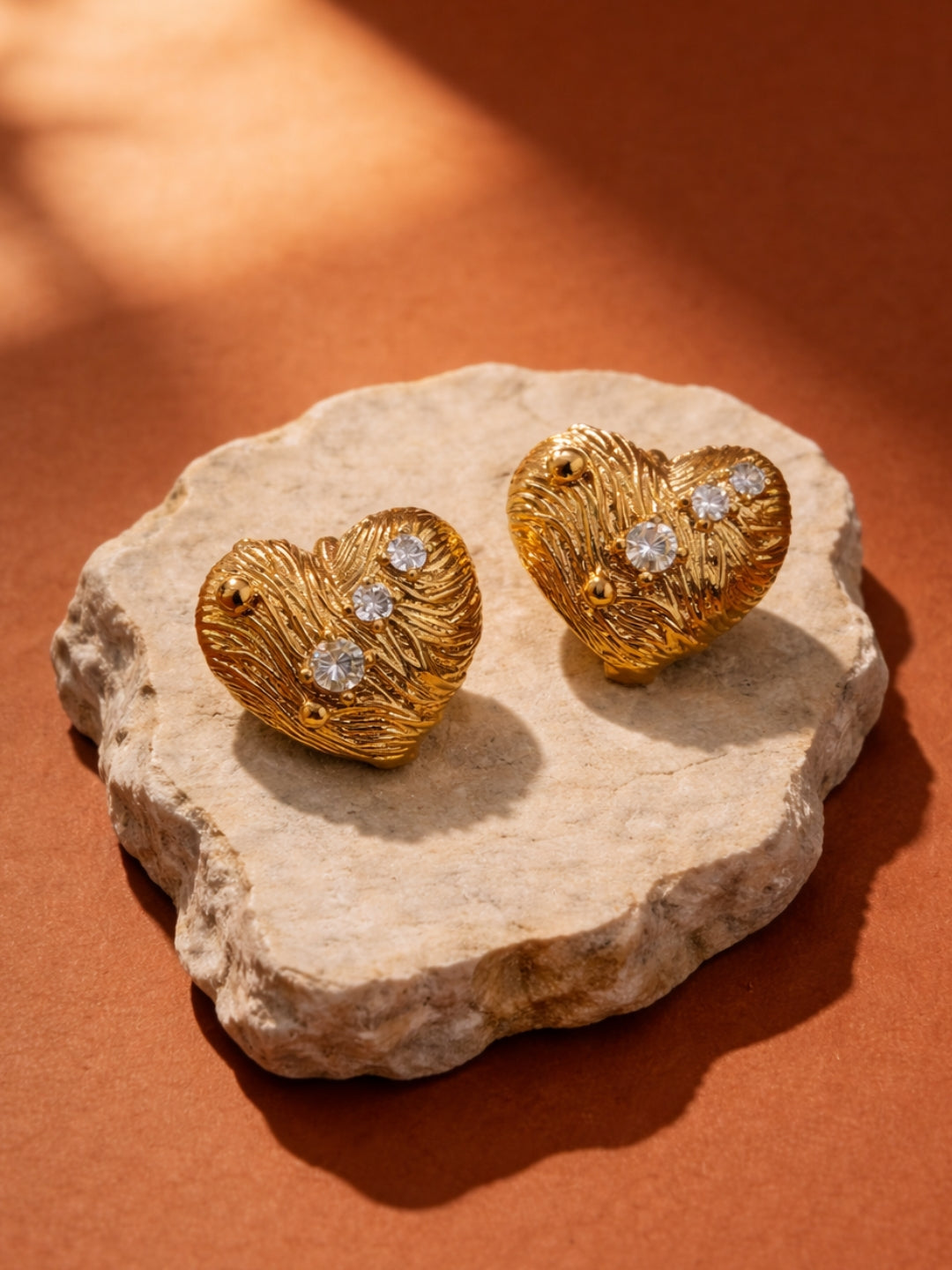 Textured Heart Hoop Earrings – 18K Rose Gold CZ Anti-Tarnish