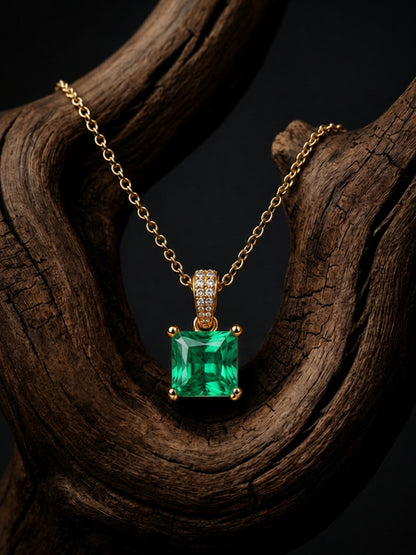 Emerald Square-Cut Pendant Necklace & Huggie Earring Set