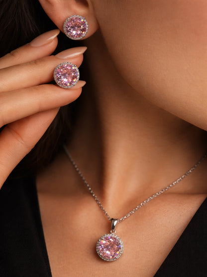 CL Pink Round CZ Necklace & Stud Earrings Set in Rhodium-Plated Steel