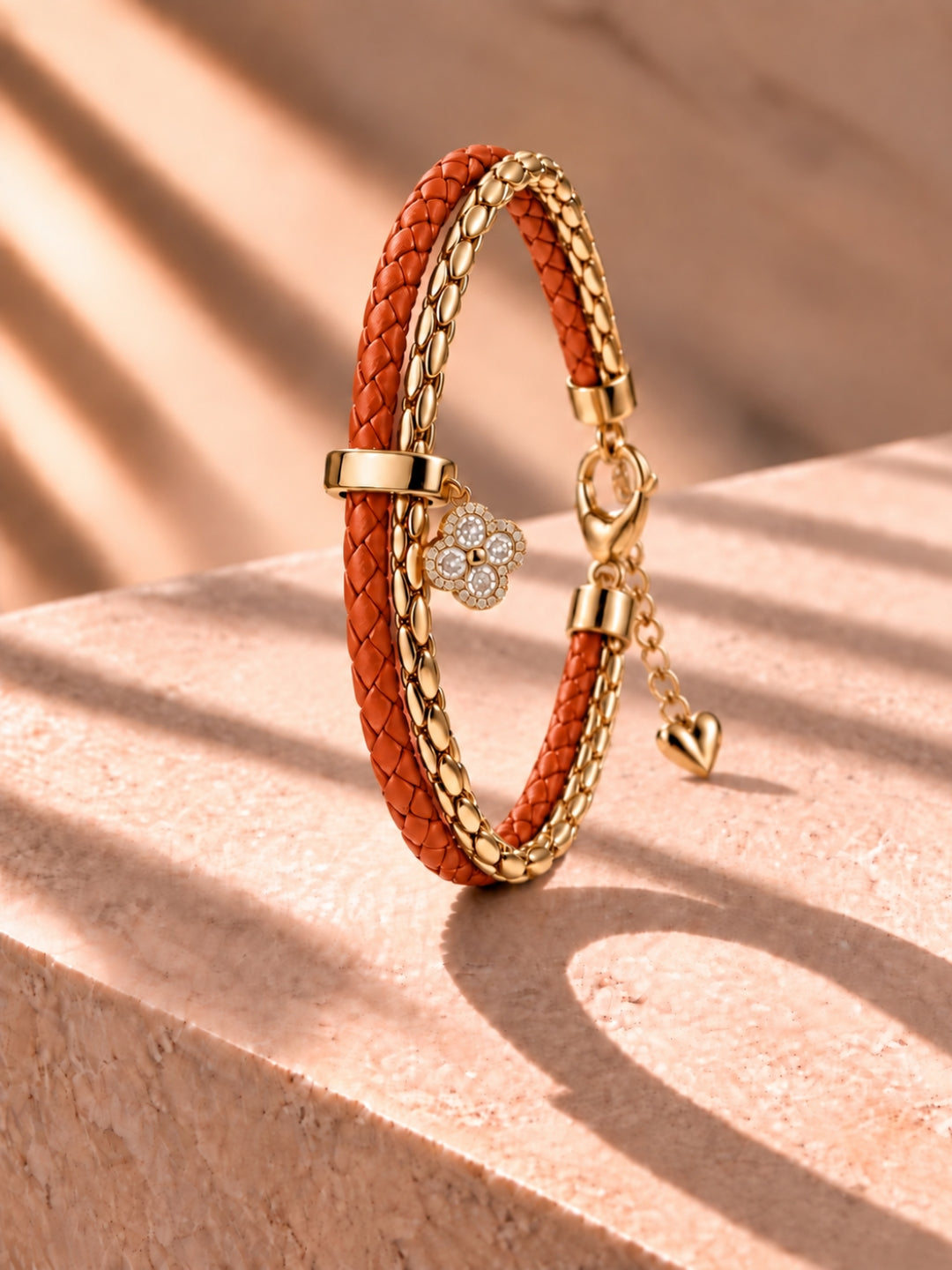 Rust Braided Double line Clover Band Cuff-18KT Gold Plated