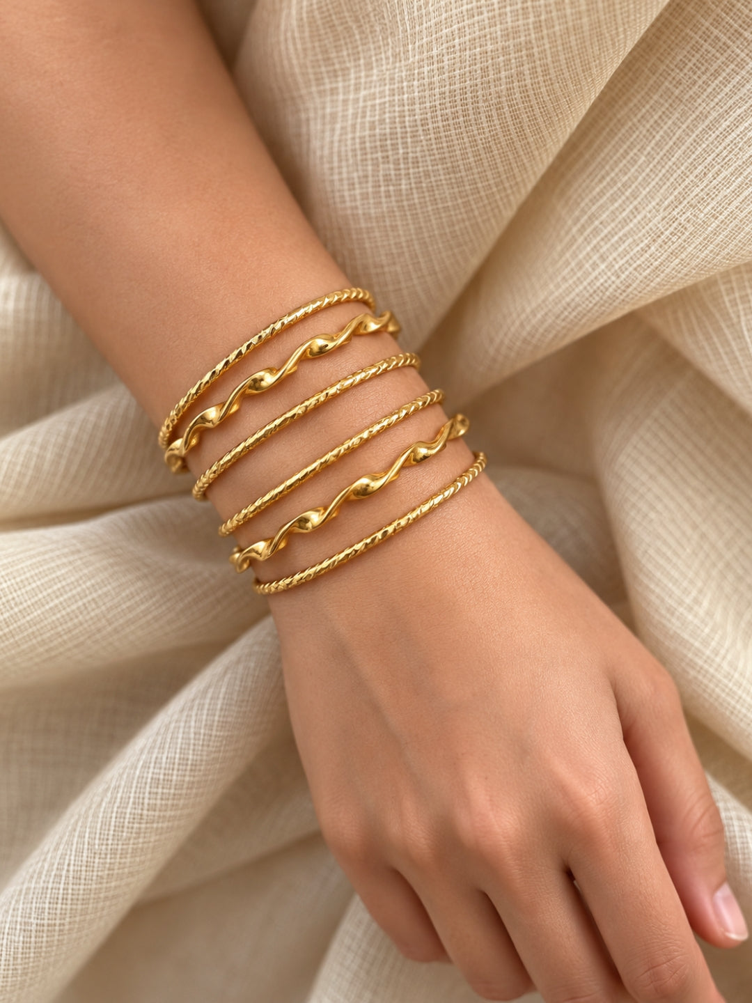 18K Gold Plated Twisted & Textured Stackable Bangles for Women