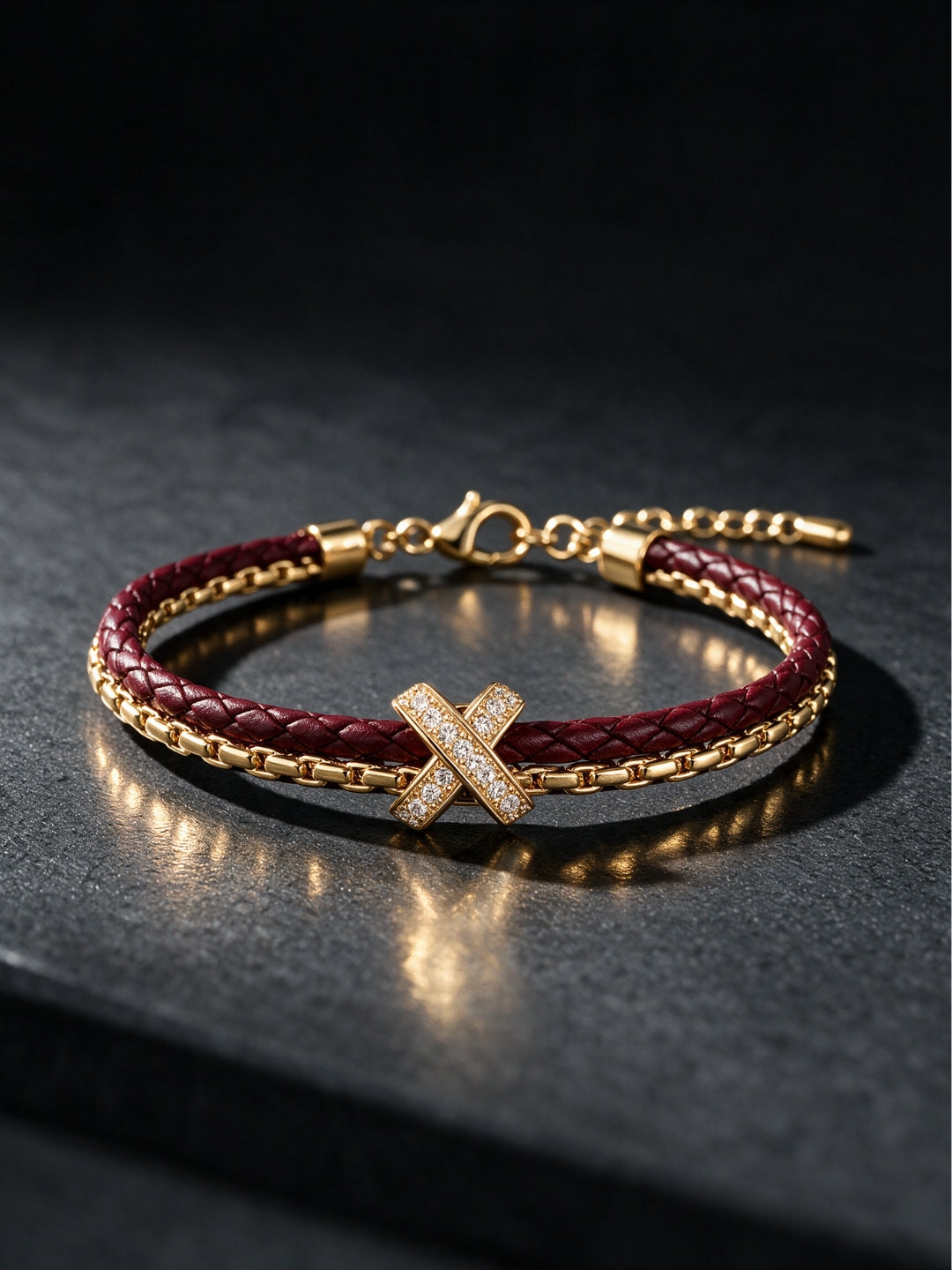 Dark Red Braided Double line Knot Band Cuff - 18KT Gold Plated
