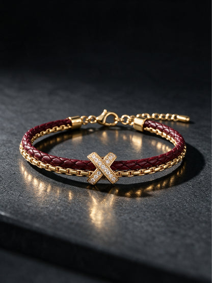 Dark Red Braided Double line Knot Band Cuff - 18KT Gold Plated
