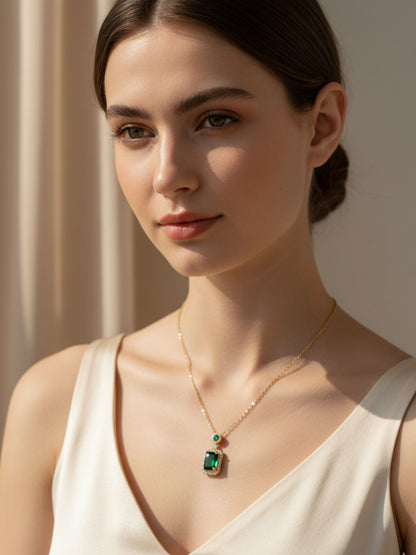 Emerald Moissanite Pendant Chain | 18K Gold Plated, Anti-Tarnish Jewelry