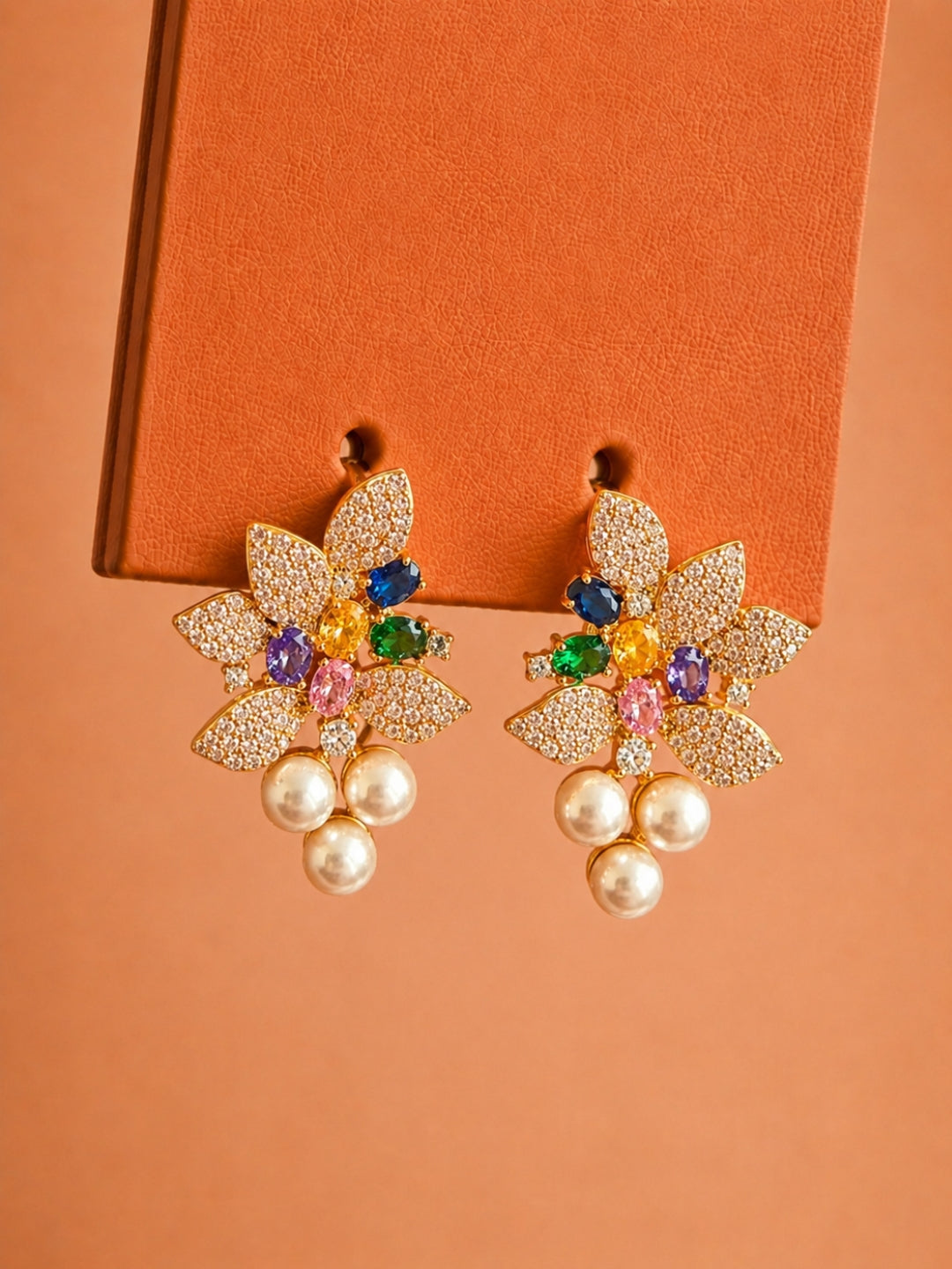 Multicolor Floral Pavé Pearl Drop Earrings, 18K Gold-Plated