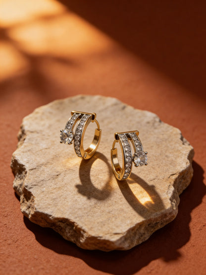 18K Rose Gold Double Line Solitaire CZ Hoop Earrings