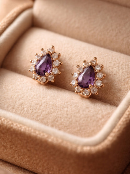 Purple CZ Halo Mini Hoops – 18K Rose Gold Anti Tarnish Earrings