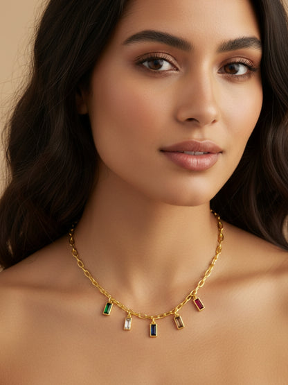 Multicolor Studded Charms Necklace – 18K Gold Plated CZ Charm Chain