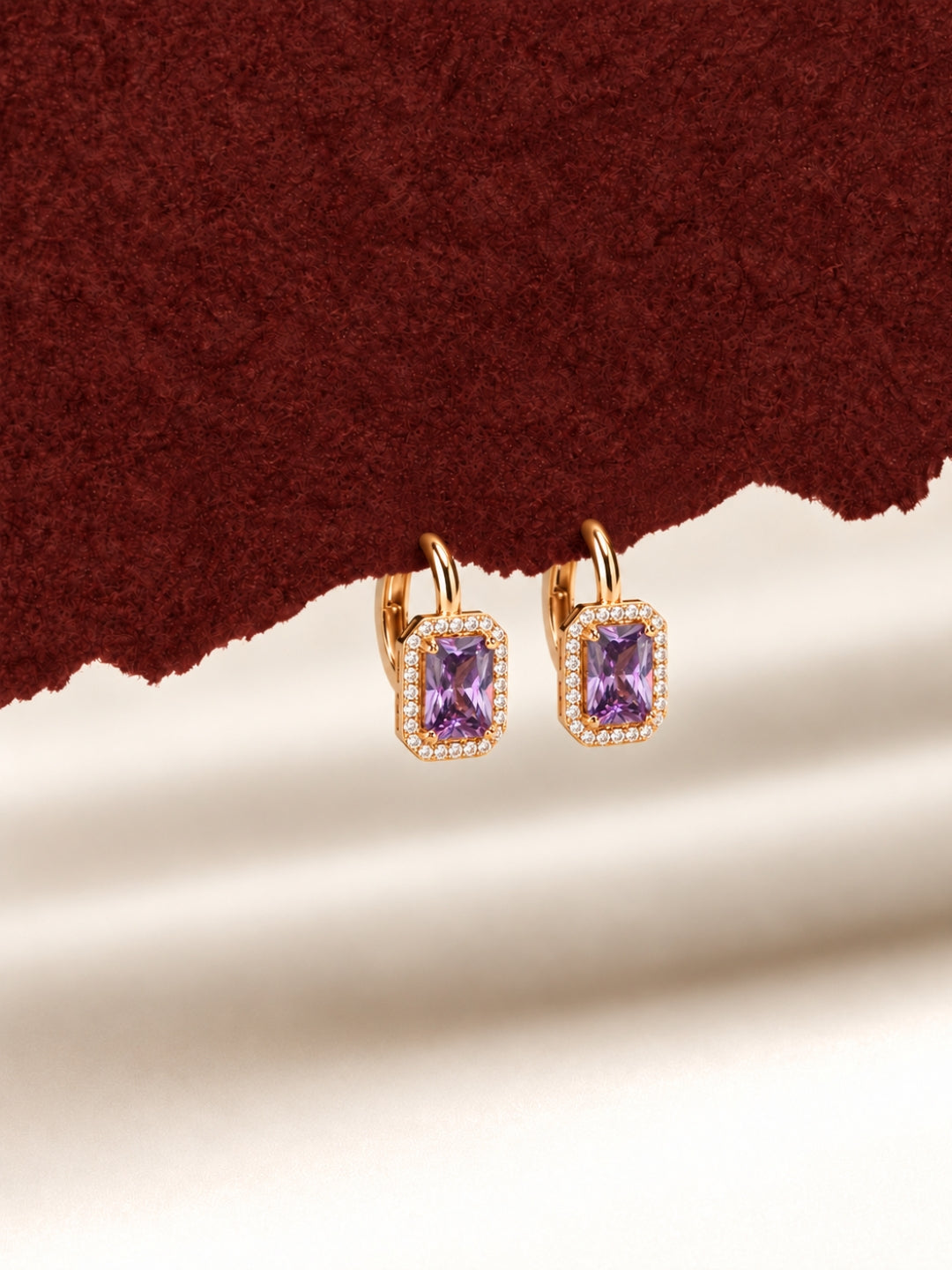 Rose Gold Purple Princess Cut CZ Hoop Earrings | Anti Tarnish