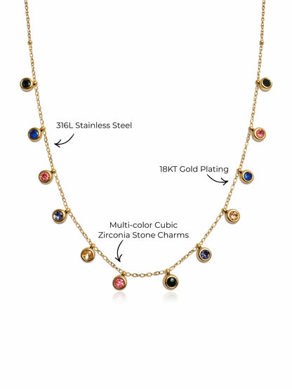 Multicolor Gold Round Stone Charm Neckpiece | Anti-Tarnish Jewelry