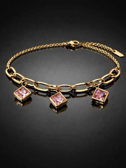Quad Pink Charm Gold Bracelet | Anti-Tarnish CZ Chain Bracelet