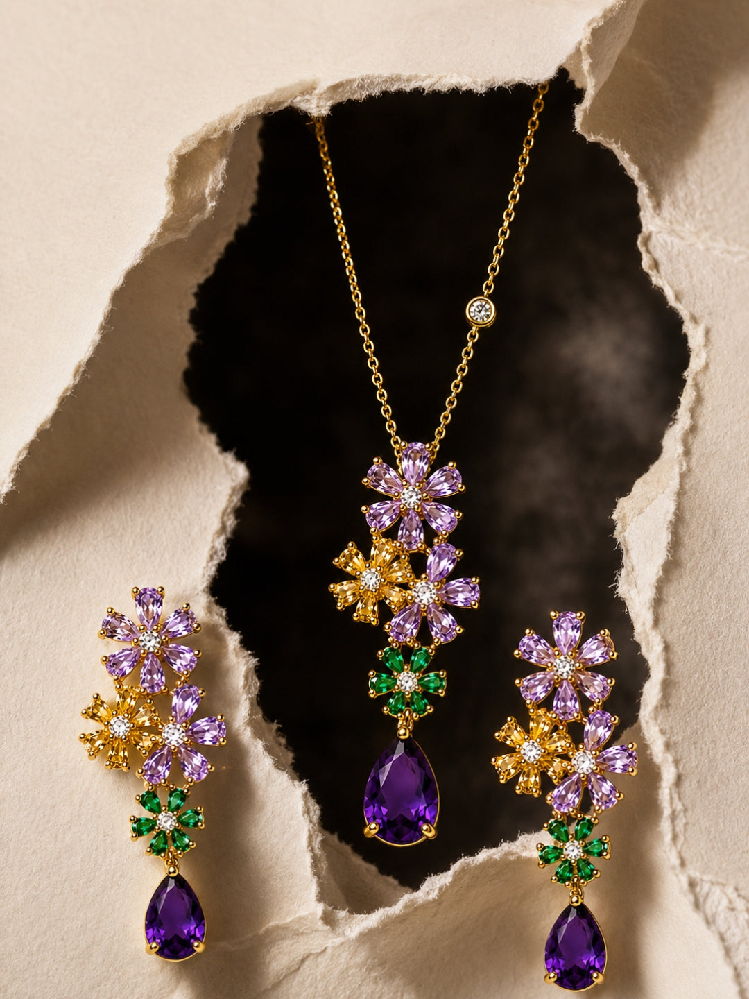 Giardino Floral Cluster Necklace & Earring Set, 18K Gold-Plated