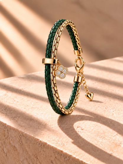 Emerald Braided Double line Clover Band Cuff-18KT Gold Plated