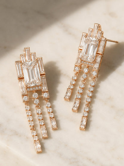 Art Deco Radiant-Cut Fringe Drop Earrings, 18K Rose Gold-Plated