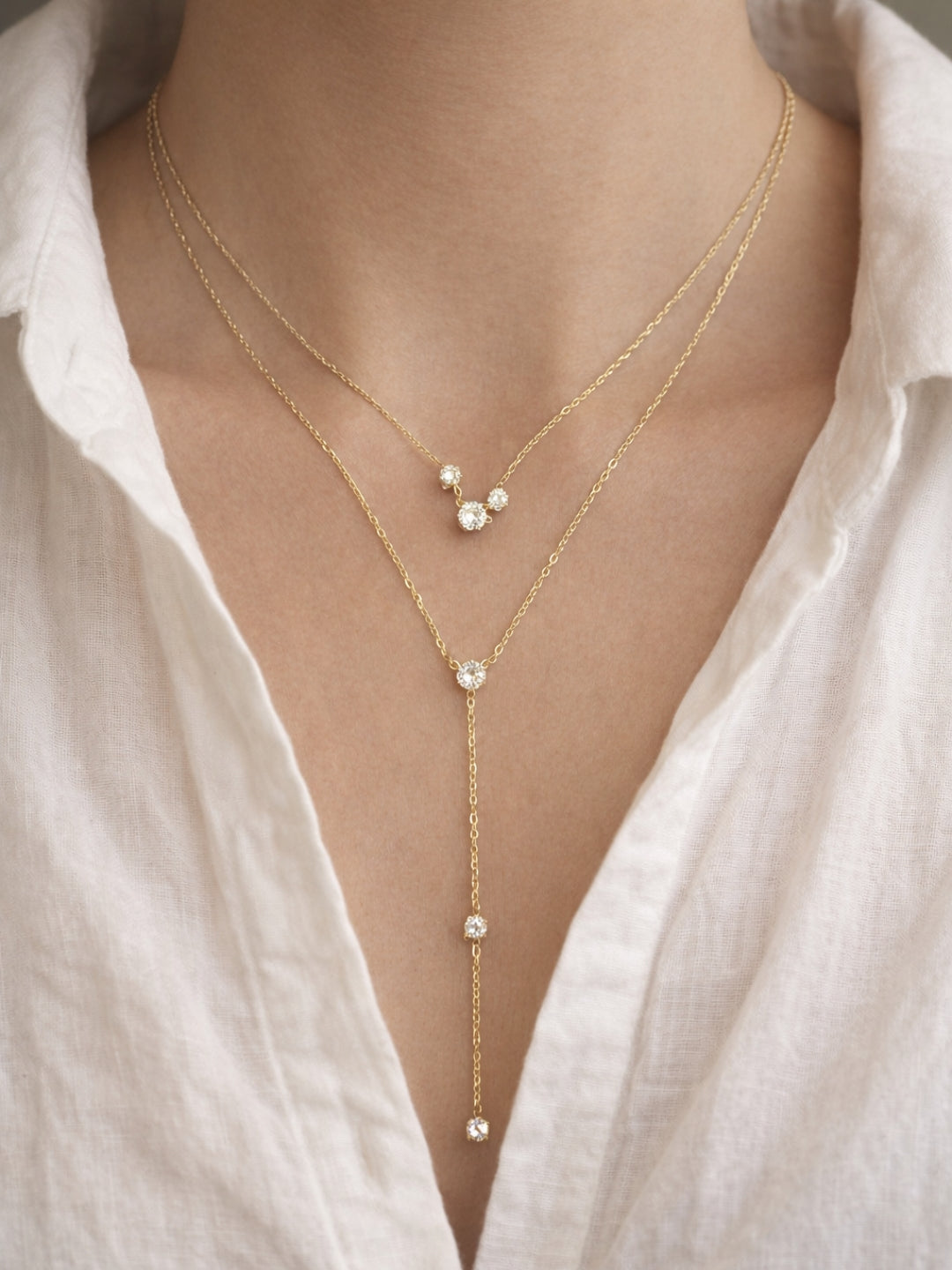 Double Layer Solitaire Beaded Drop Gold Neckpiece